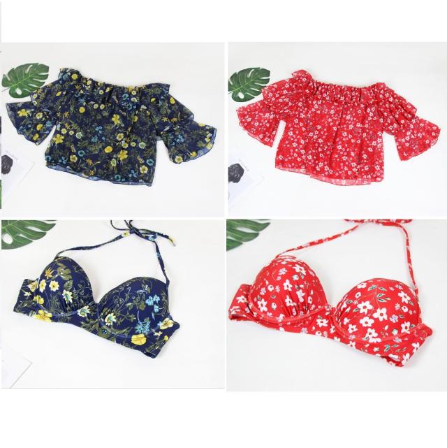 レディース 水着 新作 4点セット ビキニ パンツ シフォンブラウス オフショルダー レトロプリント 海水浴 ビーチ 女子旅 リゾートの通販はau Pay マーケット Manajily