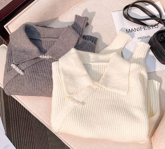 トップス 2色 セーター 萌え袖 袖あり 長袖 Vネック プルオーバー