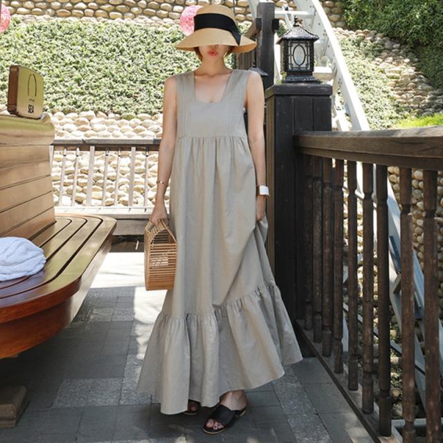 ワンピース フレアワンピース ティアードワンピース ロジスワンピース ワンピドレス ロング ロング丈 マキシ マキシ丈 アンクル丈 袖なし ノースリーブ スクエアネック 襟なし フレア 切り替えデザイン ハイウエスト 綿 かわいい 大人可愛い シンプル カジュアル 大人