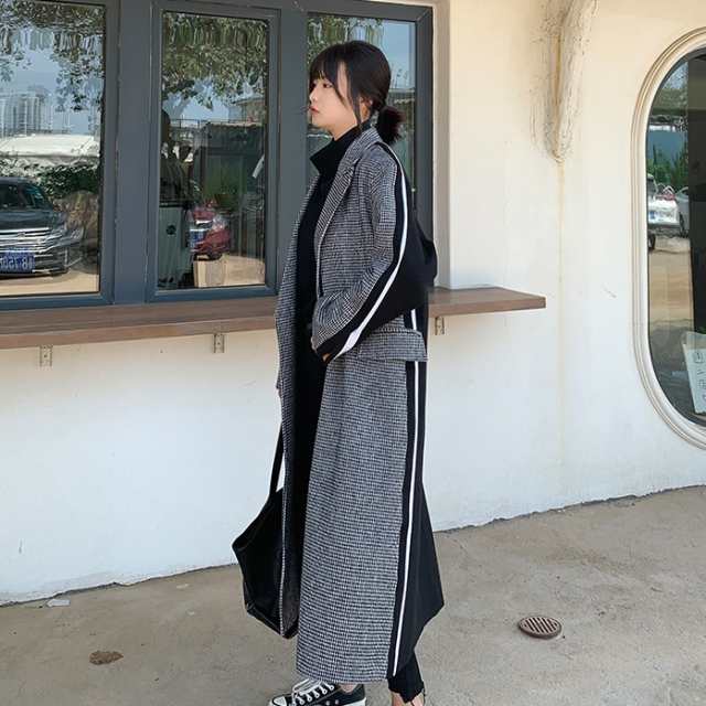 ロングコート 千鳥格子 バイカラー アウター コート チェスターコート トレンチコート ロング ロング丈 マキシ マキシ丈 9分丈 アンクル丈 袖あり 長袖 Vネック 襟付き ストレート 切り替えデザイン バックシャン ポケット 前開き かわいい きれいめ シンプル カジュアル 大人 17,370円