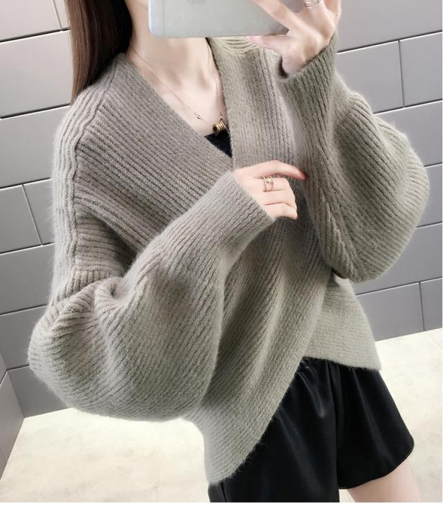 トップス デート ニットソー セーター 袖あり 長袖 Vネック 編み込み
