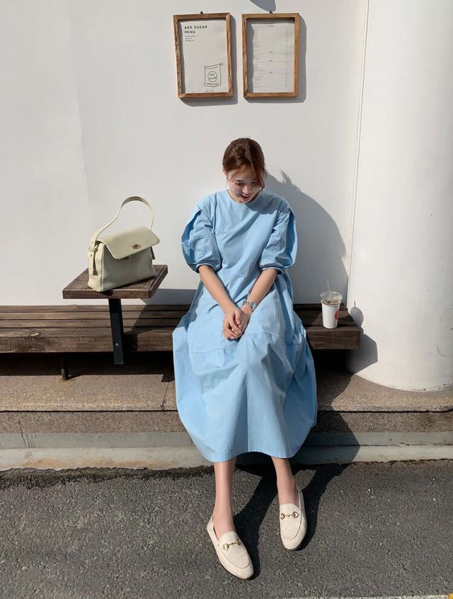 ボリューム パフスリーブ フレア ワンピース フレアワンピース ロング