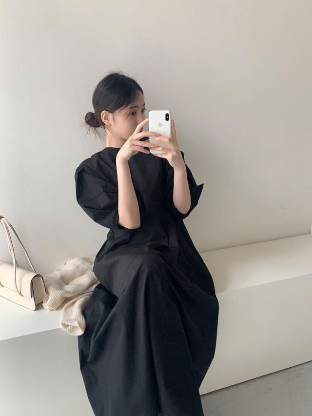 ボリューム パフスリーブ フレア ワンピース フレアワンピース ロング