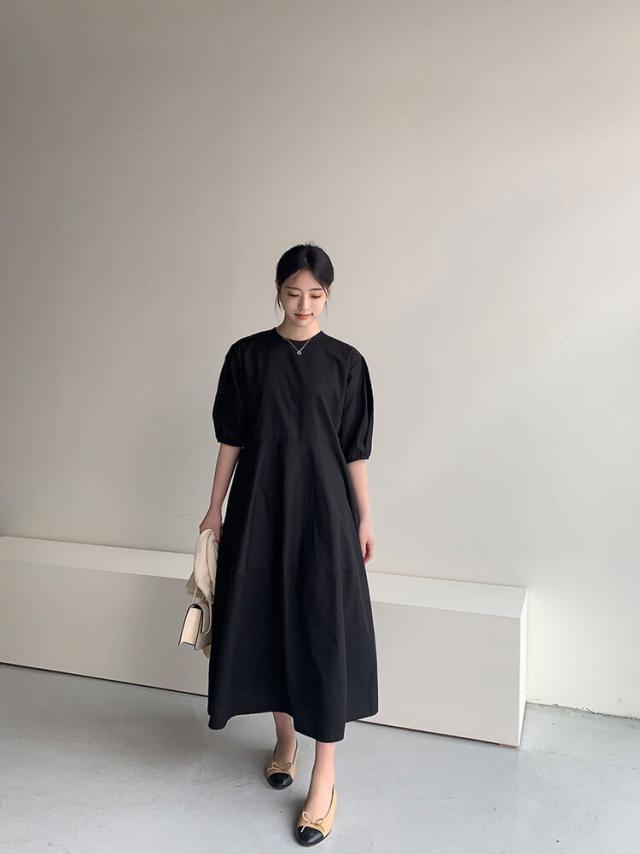 ボリューム パフスリーブ フレア ワンピース フレアワンピース ロング