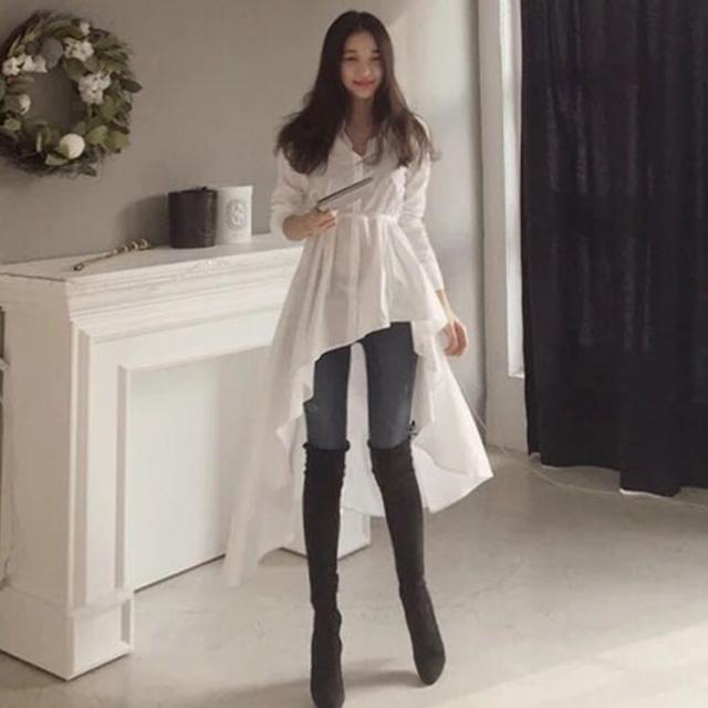 ワンピース シャツ 袖あり 襟なし セミフレア 前開き かわいい 大人