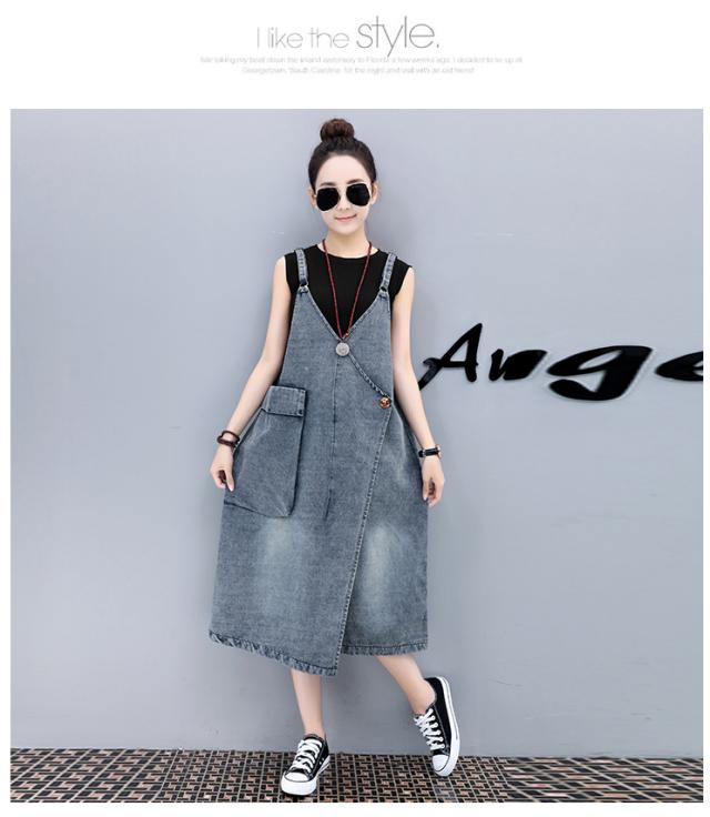 デニムオーバーオール サロペット シャンパー ひざ丈 膝下 袖なし Vネック かわいい 大人可愛い きれいめ シンプル カジュアル 大人 上品 おしゃれ お洒落 かっこいい こなれ感 ラフ メンズライク マニッシュ ボーイッシュ ラブリー キュート 個性的 主役級 存在感 とろみ感_3