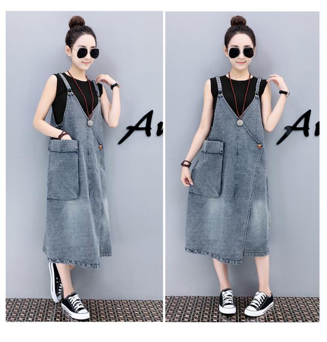 デニムオーバーオール サロペット シャンパー ひざ丈 膝下 袖なし Vネック かわいい 大人可愛い きれいめ シンプル カジュアル 大人 上品 おしゃれ お洒落 かっこいい こなれ感 ラフ メンズライク マニッシュ ボーイッシュ ラブリー キュート 個性的 主役級 存在感 とろみ感_4