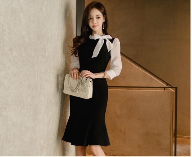 シアー ボウタイ ブラウス マーメイド ワンピース セットアップ ワンピドレス 膝丈 ひざ丈 袖あり 7分袖 七分袖 パフスリーブ リボン かわいい 大人可愛い きれいめ シンプル 大人 上品 おしゃれ 大人女子 こなれ感 ラブリー キュート モード系 エレガント モダン フォーマル シアー ボウタイ ブラウス マーメイド ワンピース セットアップ ワンピ