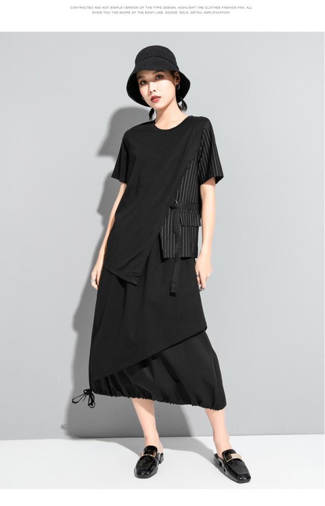 アシンメトリーストライプトップス 袖あり 半袖 襟なし かわいい 大人