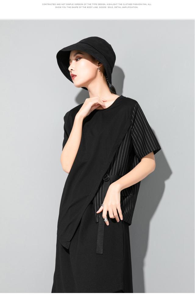 アシンメトリーストライプトップス 袖あり 半袖 襟なし かわいい 大人