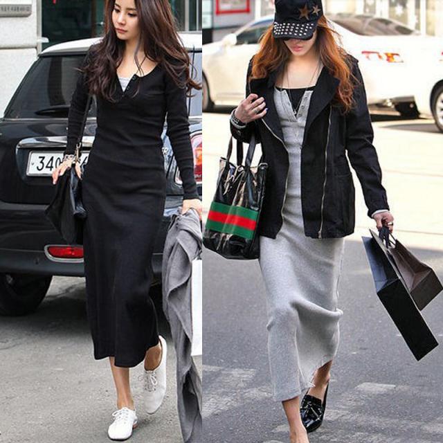 ワンピース ミモレ ミモレ丈 ロング ロング丈 袖あり 長袖 ヘンリーネック スリム タイト 細身 かわいい 大人可愛い きれいめ シンプル カジュアル 大人 上品 おしゃれ 大人女子 こなれ感 ラフ ルーズ クール モード系 セクシー エレガント モダン 無地 春 秋 冬