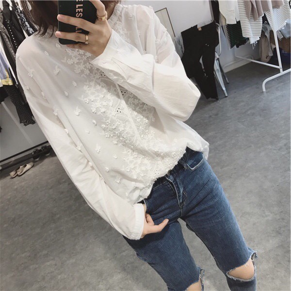 花柄 刺繍 ブラウス トップス シャツ 袖あり 長袖 ドロップショルダー