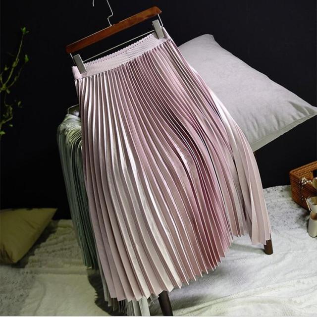光沢 プリーツ スカート ロングスカート プリーツスカート 膝下 ミモレ