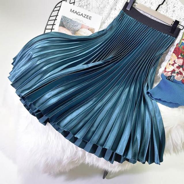 光沢 プリーツ スカート ロングスカート プリーツスカート 膝下 ミモレ