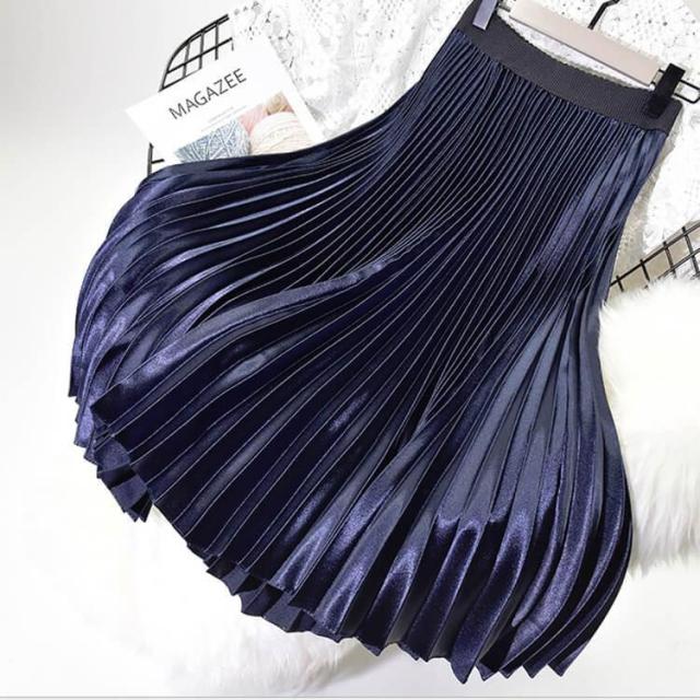 光沢 プリーツ スカート ロングスカート プリーツスカート 膝下 ミモレ