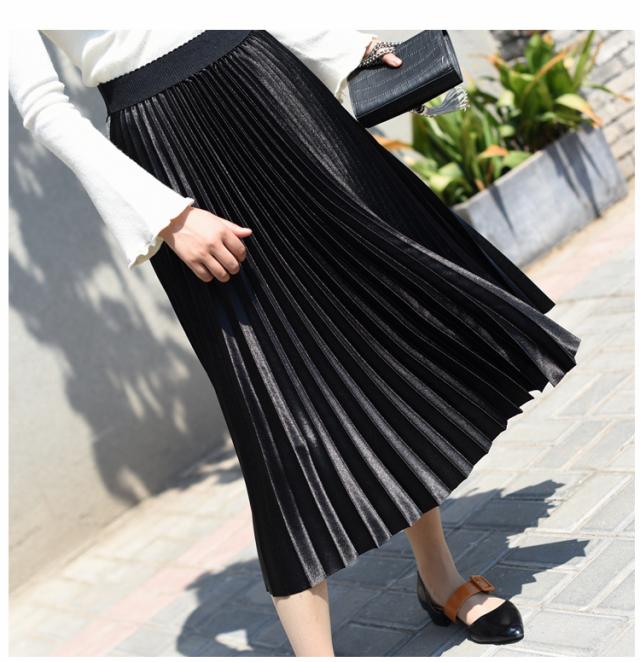 光沢 プリーツ スカート ロングスカート プリーツスカート 膝下 ミモレ