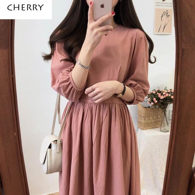 ワンピース ロングスカート プリーツスカート フレアワンピース ロング ロング丈 7分丈 袖あり 7分袖 パフスリーブ Uネック ラウンドネック 襟なし フレア ドッキング ベルト ウエストマーク ドッキング かわいい 大人可愛い きれいめ シンプル カジュアル 大人 上品 おしゃれ