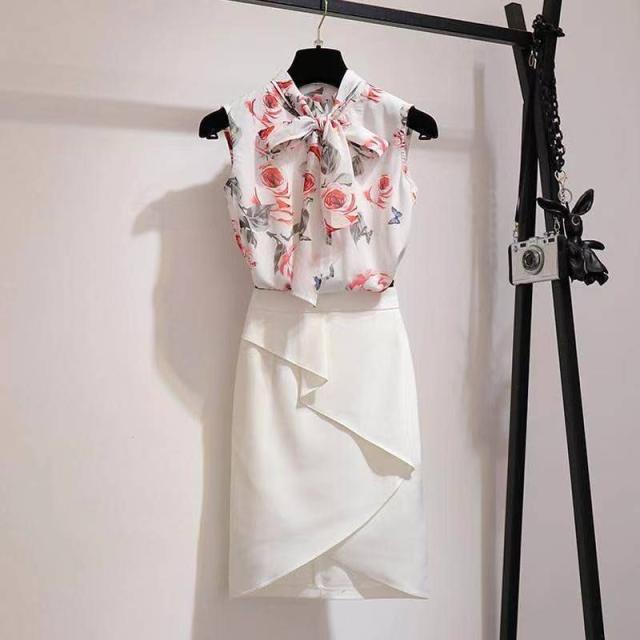 きれいめ 大人 2点セット トップス スカート シャツ ブラウス ペンシルスカート タイトスカート 袖なし ノースリーブ ボウタイ タイト チュール シフォン フリル リボン 上下セット ツーピース かわいい 大人可愛い 上品 おしゃれ アジアン 大人女子 ラブリー キュート