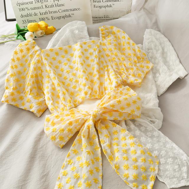 パフスリーブ リボン 小花柄 ガーリー トップス ブラウス カットソー ショート ショート丈 袖あり 半袖 Vネック 襟なし ウエストリボン バックリボン バックシャン バックコンシャス かわいい 大人可愛い カジュアル おしゃれ こなれ感 ラブリー キュート 個性的 セクシーの通販は 7,320円