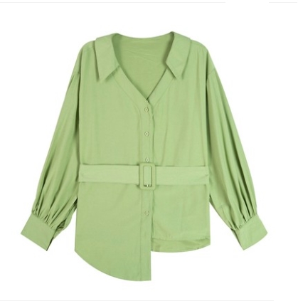 アシンメトリー 深Vネック ブラウス トップス シャツ 袖あり 長袖