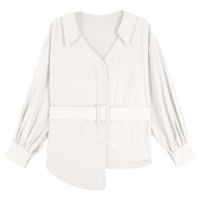 アシンメトリー 深Vネック ブラウス トップス シャツ 袖あり 長袖 ドロップショルダー 萌袖 Vネック 襟付き ワイド ベルト ウエストマーク 前開き かわいい 大人可愛い きれいめ シンプル カジュアル 大人 上品 おしゃれ かっこいい 大人女子 こなれ感 ラフ マニッシュ アシンメトリー 深Vネック ブラウス トップス シャツ 袖あり 長袖