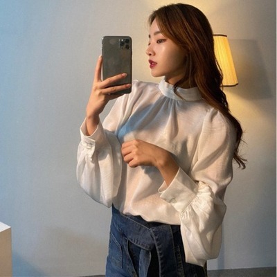 トップス ブラウス 袖あり 長袖 ボリューム袖 ハイネック 襟なし