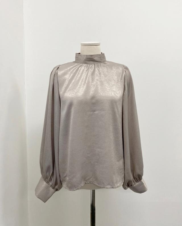 トップス ブラウス 袖あり 長袖 ボリューム袖 ハイネック 襟なし