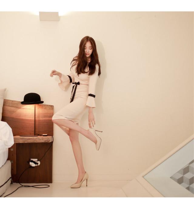 エレガントワンピース 膝丈 ひざ丈 膝下 袖あり 襟なし タイト 細身 袖