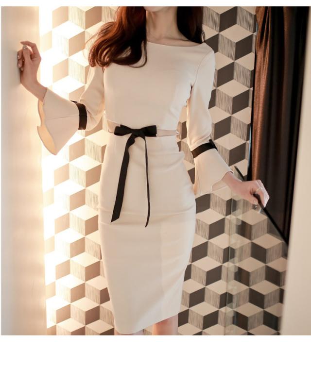 エレガントワンピース 膝丈 ひざ丈 膝下 袖あり 襟なし タイト 細身 袖