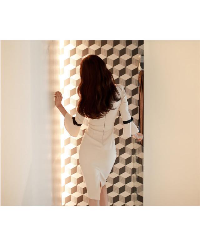 エレガントワンピース 膝丈 ひざ丈 膝下 袖あり 襟なし タイト 細身 袖