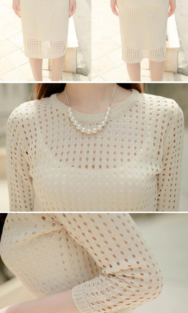 七分袖ワンピース 膝丈 ひざ丈 膝下 袖あり 7分袖 七分袖 Uネック