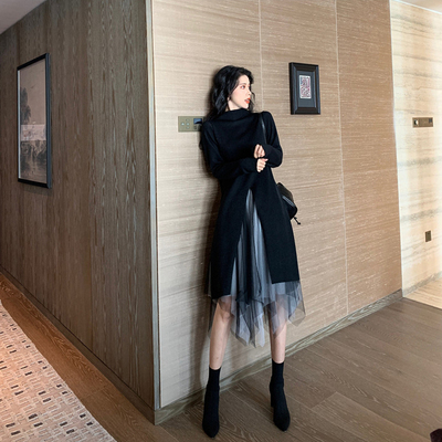 セットアップ フレアスカート チュールスカート ミモレ ミモレ丈 袖あり 長袖 萌袖 ハイネック タートルネック 襟なし フレア Aライン レース チュール シフォン フリル 透け感 シースルー ニット 上下セット 2点セット かわいい 大人可愛い きれいめ シンプル カジュアル