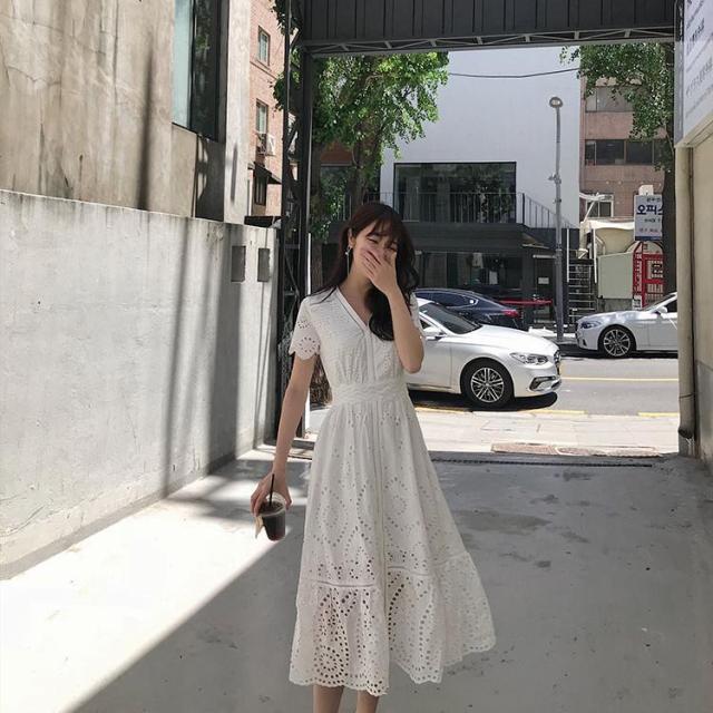 ワンピース フレアワンピース ロング丈 袖あり 半袖 Vネック 襟付き