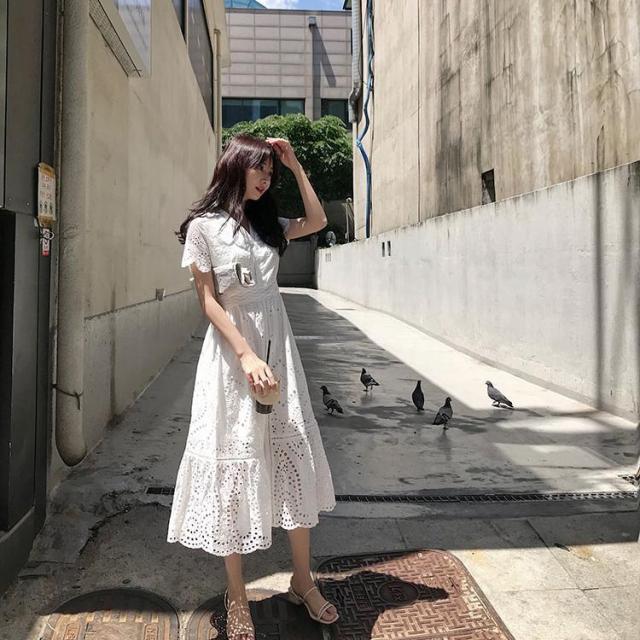 ワンピース フレアワンピース ロング丈 袖あり 半袖 Vネック 襟付き