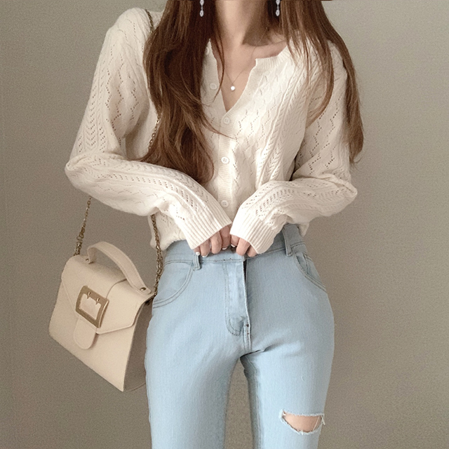 ニット カーディガン 透かし編み トップス セーター 袖あり 長袖 萌袖