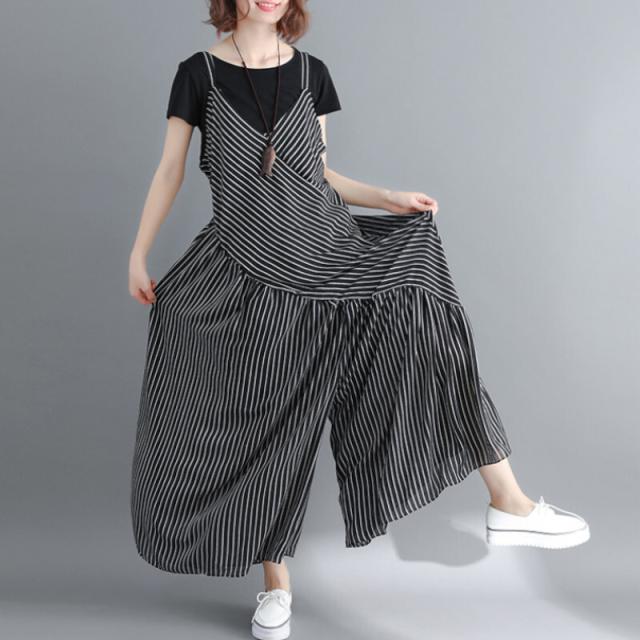 オールインワン パンツ レデイース サロペット オーバーオール つなぎ ワイドレッグ ロング丈 袖なし ノースリーブ Vネック かわいい 大人可愛い きれいめ シンプル カジュアル 大人 上品 おしゃれ レトロ ラブリー キュート フォーマル とろみ感 抜け感 ストライプ 春 夏_4