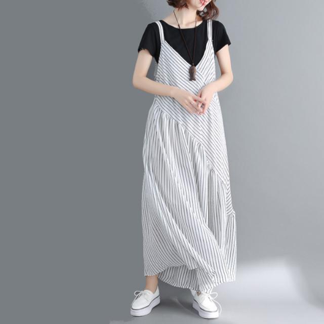 オールインワン パンツ レデイース サロペット オーバーオール つなぎ ワイドレッグ ロング丈 袖なし ノースリーブ Vネック かわいい 大人可愛い きれいめ シンプル カジュアル 大人 上品 おしゃれ レトロ ラブリー キュート フォーマル とろみ感 抜け感 ストライプ 春 夏_5