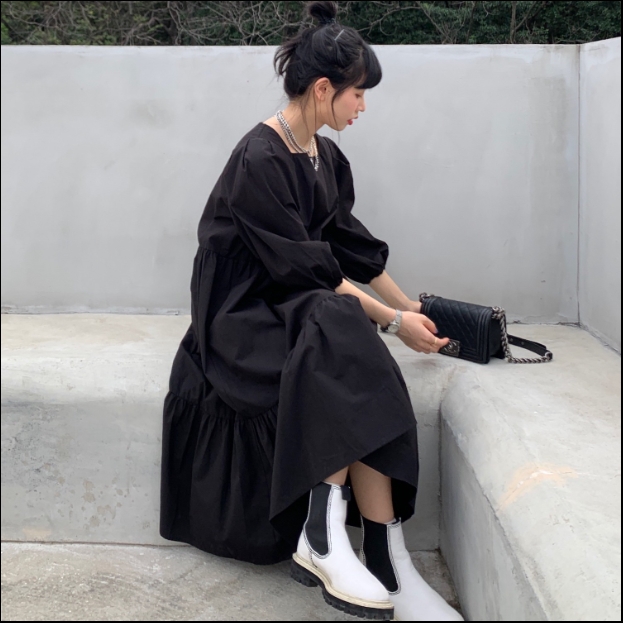 ワンピース ティアードワンピース ワンピドレス ロング ロング丈 袖あり 長袖 パフスリーブ スクエアネック 襟なし ワイド Aライン 綿 薄手 かわいい 大人可愛い きれいめ シンプル カジュアル 大人 上品 おしゃれ お洒落 アジアン エスニック 大人女子 こなれ感 ラフ 無地 春