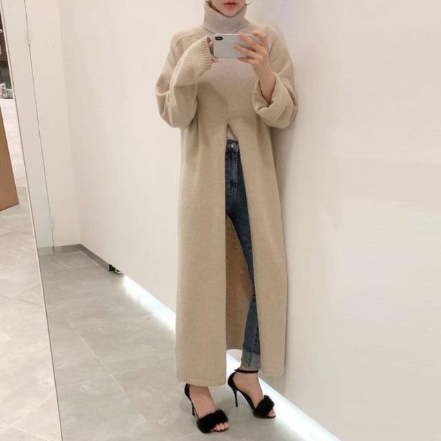 ロングニットトップス ワンピース セーター 膝下 ミモレ ミモレ丈 袖あり 長袖 タートルネック 襟なし ニット かわいい 大人可愛い きれいめ シンプル カジュアル 大人 上品 おしゃれ お洒落 かっこいい レトロ 大人可愛い 大人女子 こなれ感 ラフ メンズライク マニッシュ