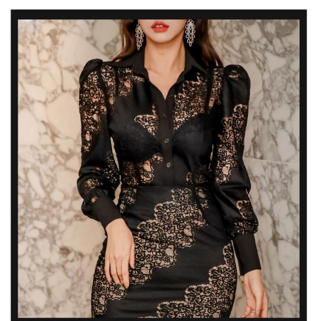 上下2点セット ワンピース風トップス スカート レース 膝下 袖あり