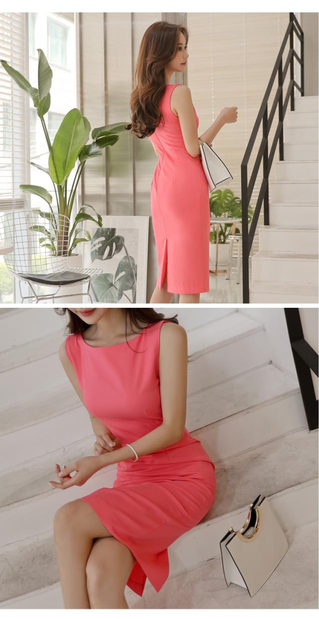 ピンクワンピース 膝丈 ひざ丈 ノースリーブ 襟なし スリム タイト