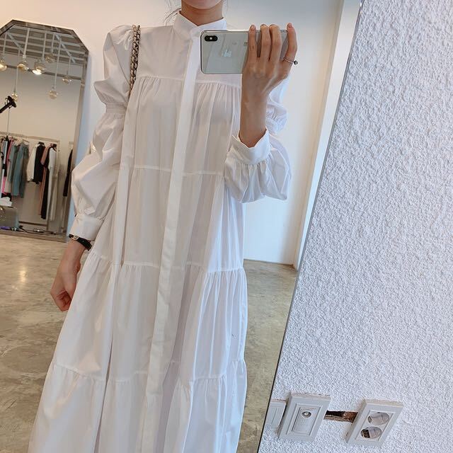 マキシ丈 ティアード シャツワンピ ワンピース シャツワンピース ティアードワンピース マキシ 袖あり 長袖 パフスリーブ スタンドカラー マオカラー Aライン 前開き かわいい 大人可愛い きれいめ シンプル カジュアル 大人 上品 おしゃれ 大人女子 こなれ感 ラブリー