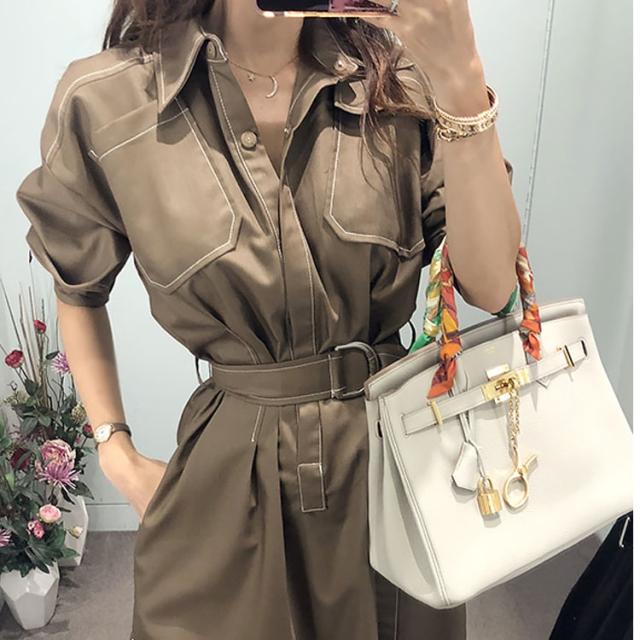 ホワイトステッチ ロング ワンピース シャツワンピース デニムワンピース ロング丈 袖あり 5分袖 五分袖 襟付き ストレート ベルト ウエストマーク サイドスリット バックスリット ブルーデニム カラーデニム かわいい 大人可愛い きれいめ シンプル カジュアル 大人 上品