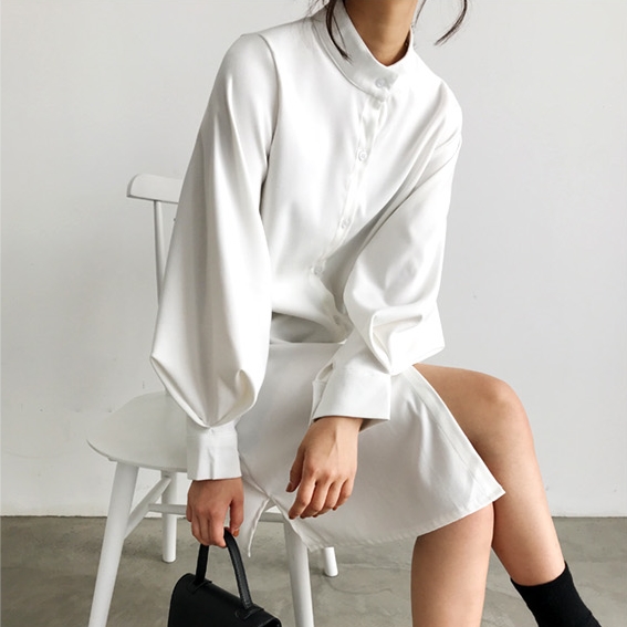 バンドカラー シャツワンピ パフスリーブ ワンピース 膝丈 ひざ丈 長袖 ポワン袖 スタンドカラー マオカラー Iライン 前開き かわいい 大人可愛い きれいめ シンプル カジュアル 大人 上品 おしゃれ 大人女子 こなれ感 ラフ ラブリー ルーズ モダン とろみ感 無地 春 秋 10代