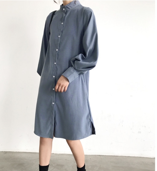 バンドカラー シャツワンピ パフスリーブ ワンピース 膝丈 ひざ丈 長袖