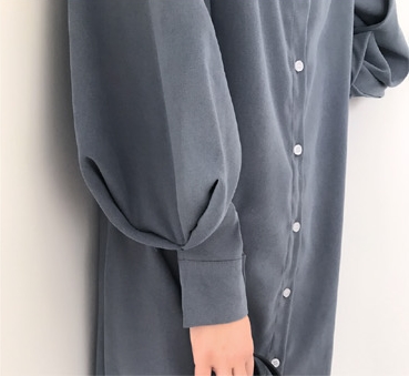 バンドカラー シャツワンピ パフスリーブ ワンピース 膝丈 ひざ丈 長袖