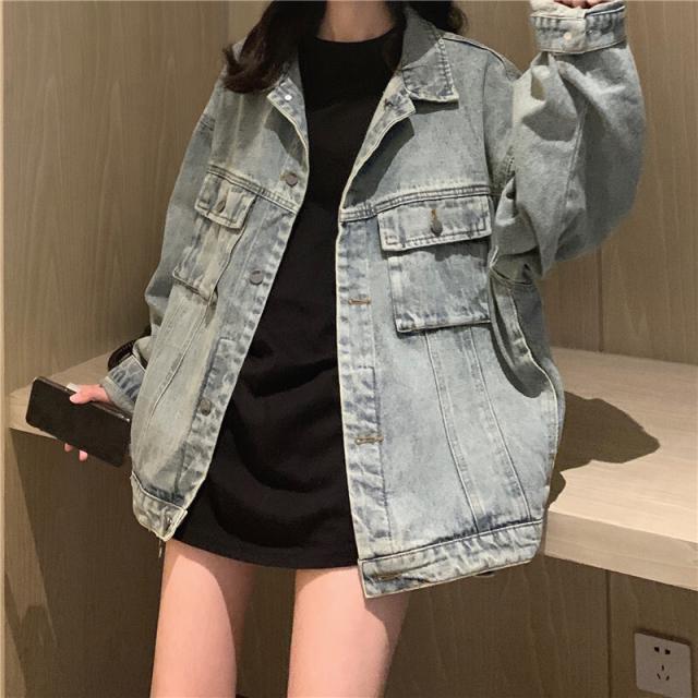 デニム ジャケット オーバーサイズ ブルゾン ゆったり アウター Gジャン 袖あり 長袖 ドロップショルダー 萌袖 襟付き ワイド ポケット 前開き ブルーデニム かわいい シンプル カジュアル おしゃれ かっこいい こなれ感 ラフ メンズライク マニッシュ ボーイッシュ