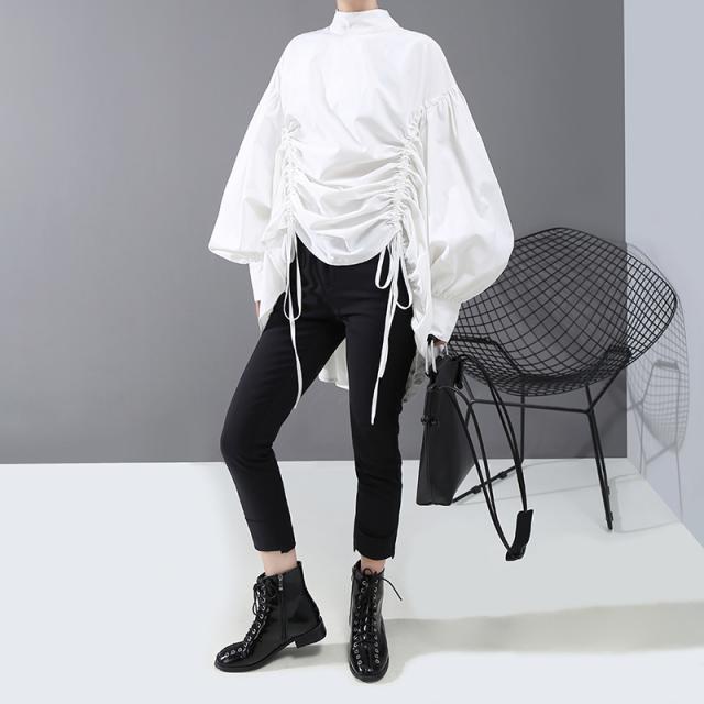 ドロスト スタンドカラー オーバーサイズ ブラウス ゆったり トップス ロング ロング丈 袖あり 長袖 ボリューム袖 ドロップショルダー 萌袖 アシンメトリー リボン シャーリング きれいめ シンプル カジュアル 大人 上品 おしゃれ かっこいい 大人女子 こなれ感 ラフ ドロスト スタンドカラー オーバーサイズ ブラウス ゆったり トップス