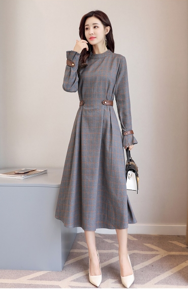 チェック柄 セミフレア ロング ワンピース フレアワンピース ロング丈 袖あり 長袖 スタンドカラー フレア Aライン ドッキング ファスナー ポケット ハイウエスト 異素材MIX かわいい 大人可愛い きれいめ カジュアル 大人 上品 おしゃれ 大人女子 こなれ感 ラブリー キュート_5