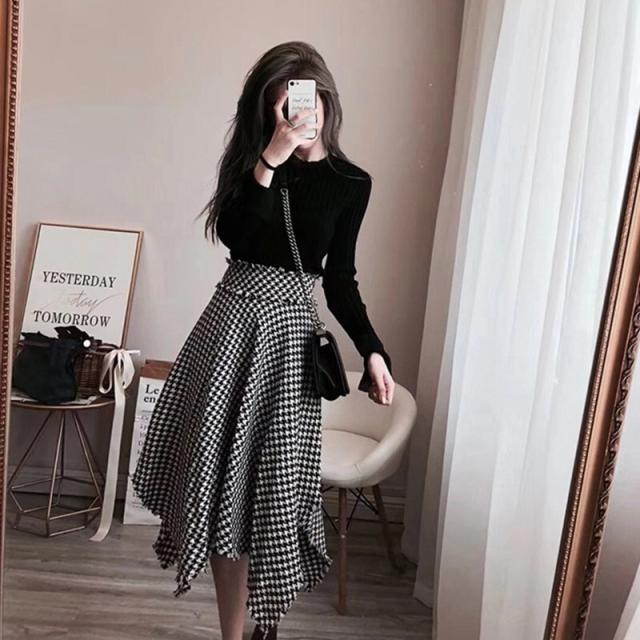 セットアップ アシンメトリー チェック スカート トップス ニットソー フレアスカート ミモレ ミモレ丈 長袖 フレアスリーブ スタンドカラー フレア シフォン ウエストマーク ハイウエスト 透け感 シースルー 異素材MIX 上下セット 2点セット ツーピース かわいい 大人可愛い